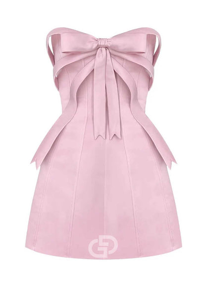 Simple Strapless Sleeveless Bowknot Satin Homecoming Dress