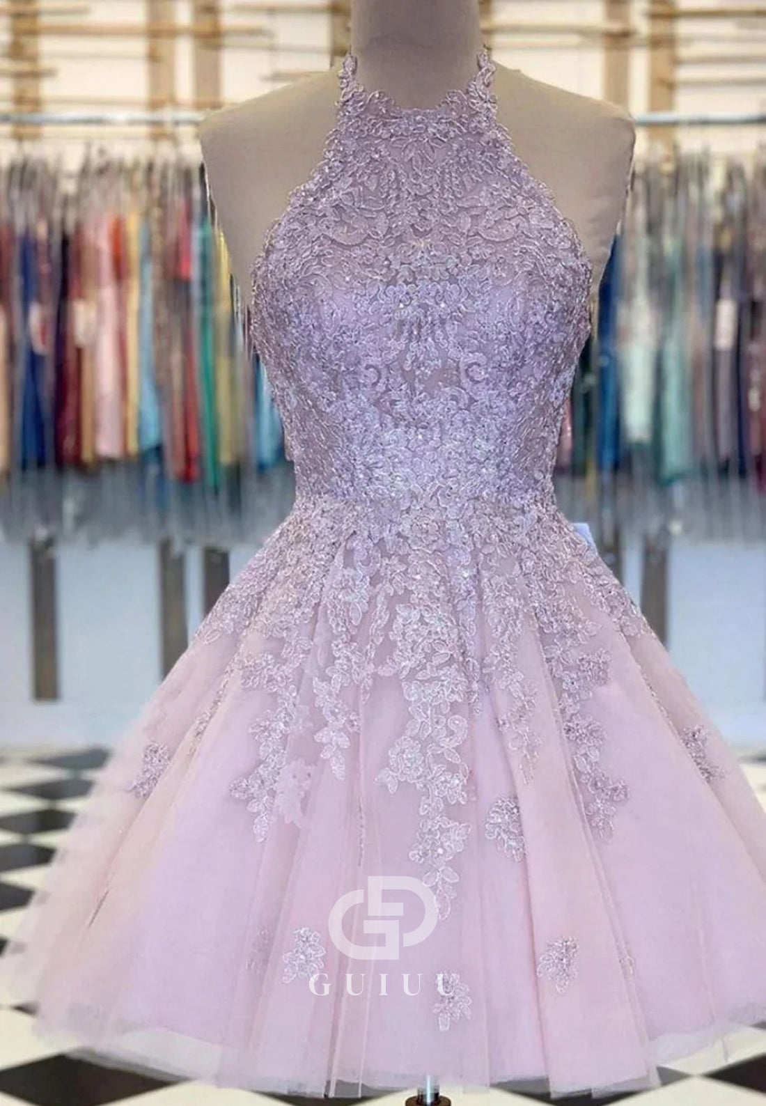 Lilac Halter Sleeveless Appliques A-Line Homecoming Dress