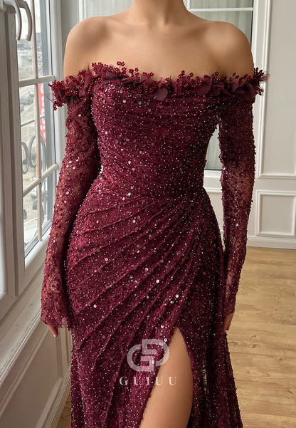 Mulberry Long Sleeves Off-Shoulder Slit Evening Dress