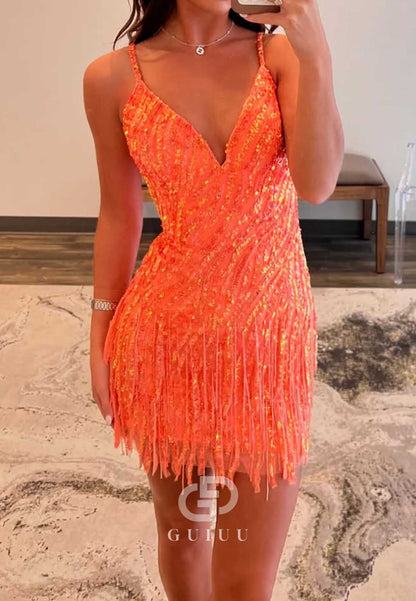 Sheath Spaghetti Straps V-Neck Sequins Homecoming Dress