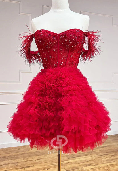 A-Line Sweetheart Sleeveless Corset Tulle Feathers Homecoming Dress