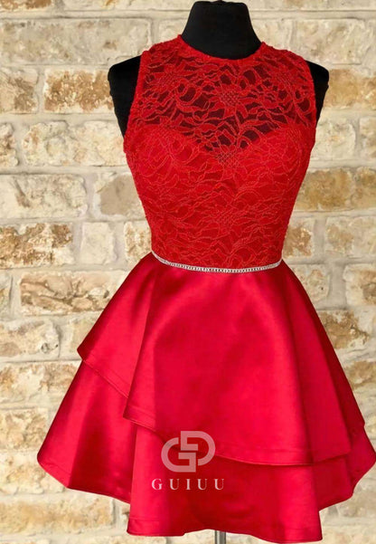 Red Sleeveless Scoop Empire-Waist Short Homecoming Dress