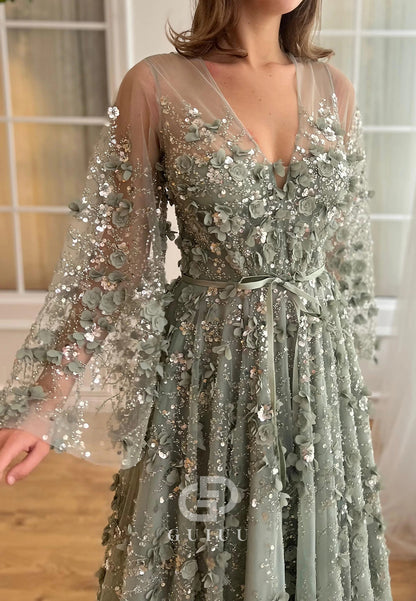 Charming A-Line Long Sleeves V-Neck Appliques Evening Dress