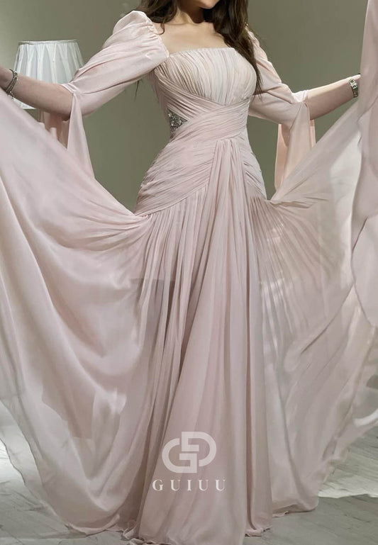 Blushing Pink Long Sleeves Sweetheart A-Line Ruched Prom Dress