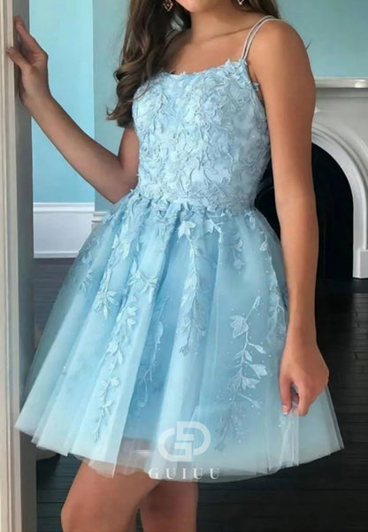 Sky Blue Spaghetti Straps Scoop Lace-Up Back Homecoming Dress