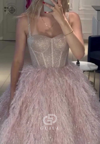 Spaghetti Straps Sweetheart Feathers A-Line Homecoming Dress