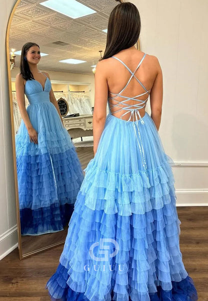 A-Line Spaghetti Straps V-Neck Ruffles Slit Prom Dress