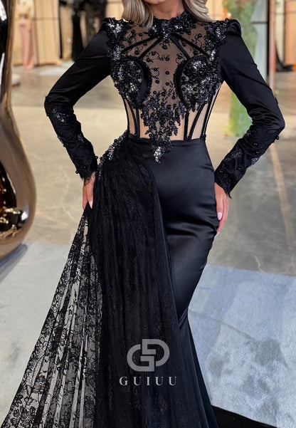Black Long Sleeves High Neck Corset Mermaid Evening Dress