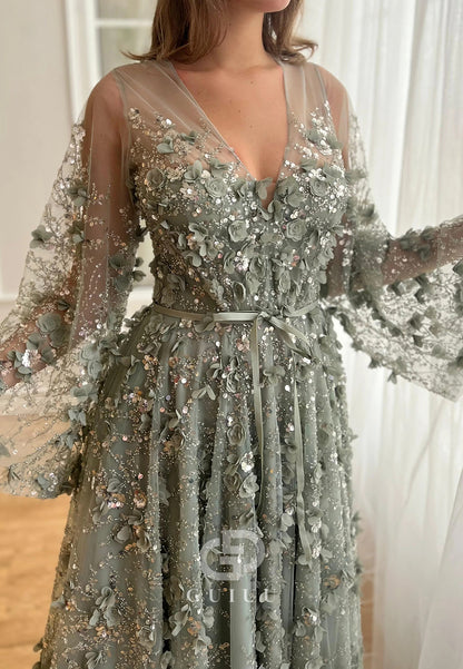 Charming A-Line Long Sleeves V-Neck Appliques Evening Dress