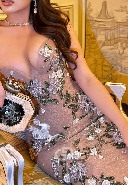 A-Line Sleeveless Strapless Floral Appliques Prom Dress