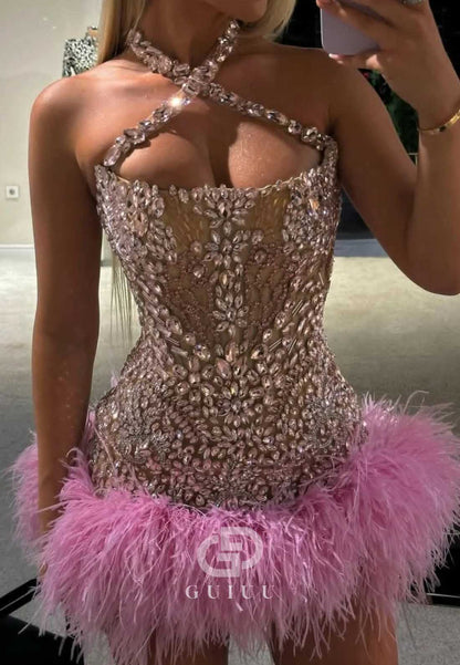Charming Sleeveless Sweetheart Beads Feathers Homecoming Dress