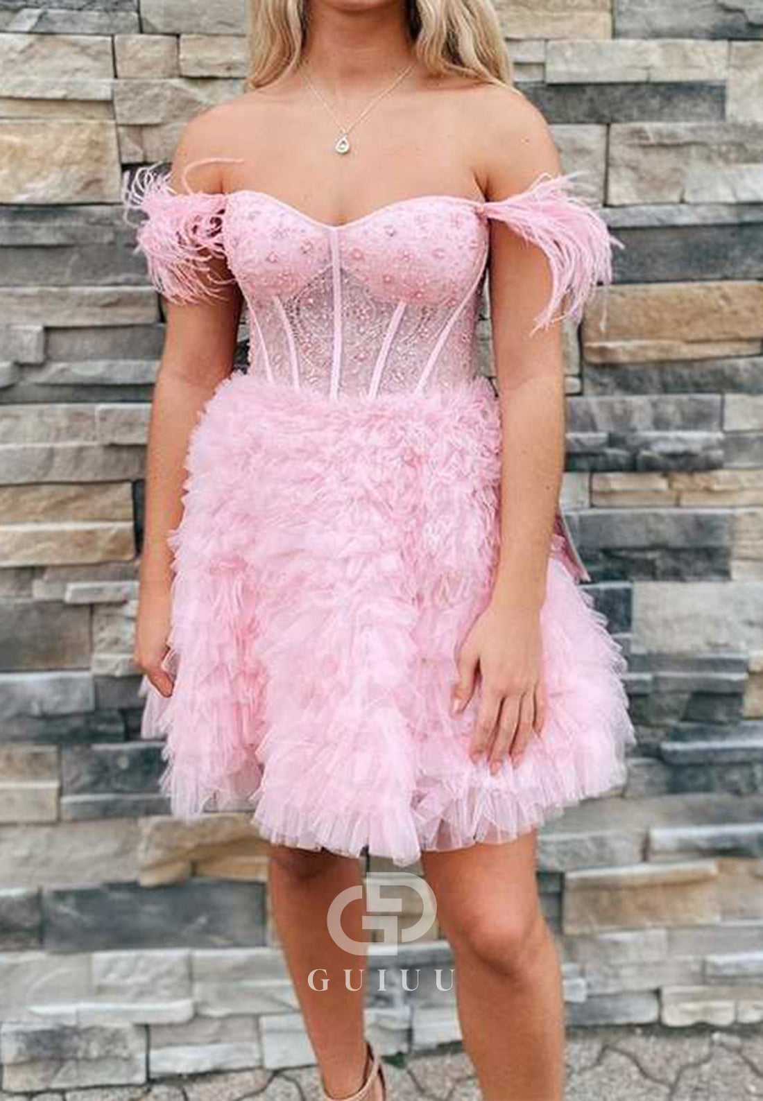 A-Line Sweetheart Sleeveless Corset Tulle Feathers Homecoming Dress