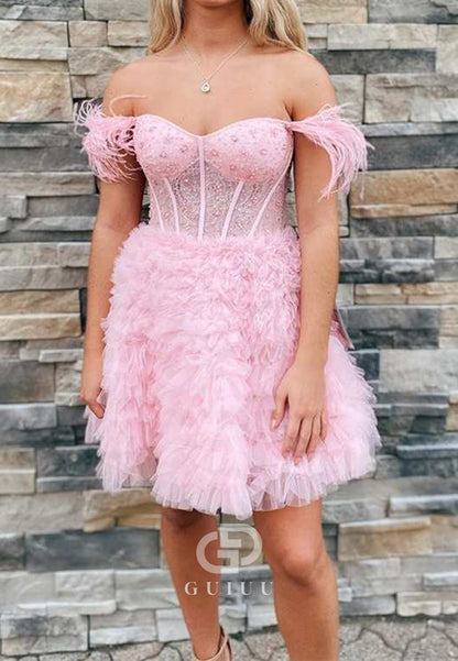 A-Line Sweetheart Sleeveless Corset Tulle Feathers Homecoming Dress