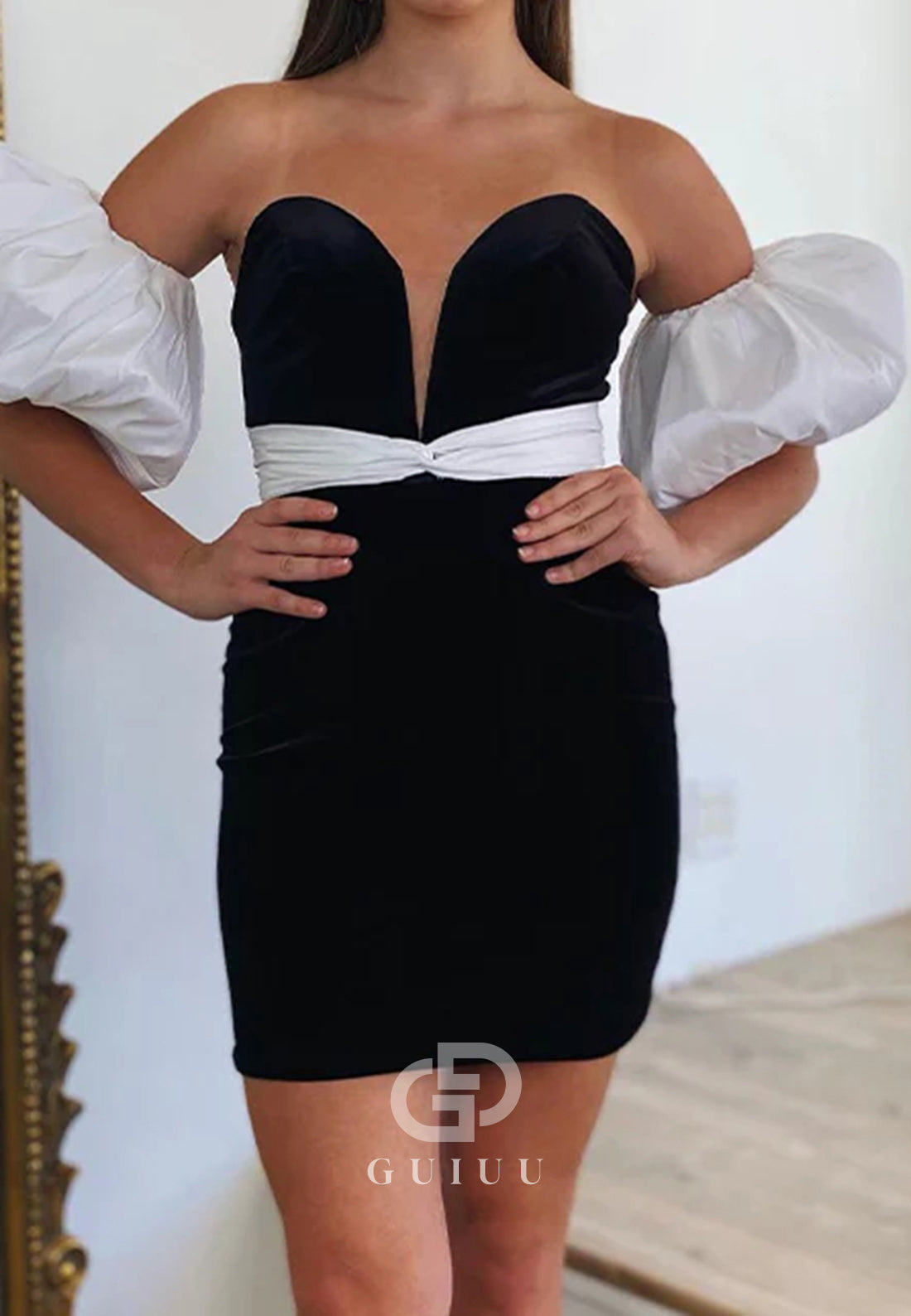 Black Short Sleeves Off-Shoulder Satin Mini Homecoming Dress