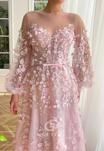 Blushing Pink Long Sleeves Scoop Appliques Evening Dress