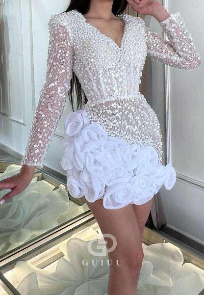 White Long Sleeves V-Neck Appliques Homecoming Dress