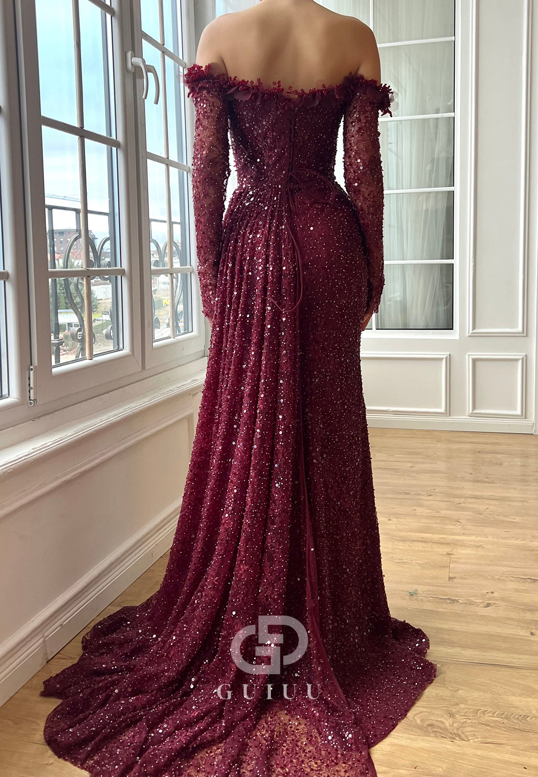 Mulberry Long Sleeves Off-Shoulder Slit Evening Dress