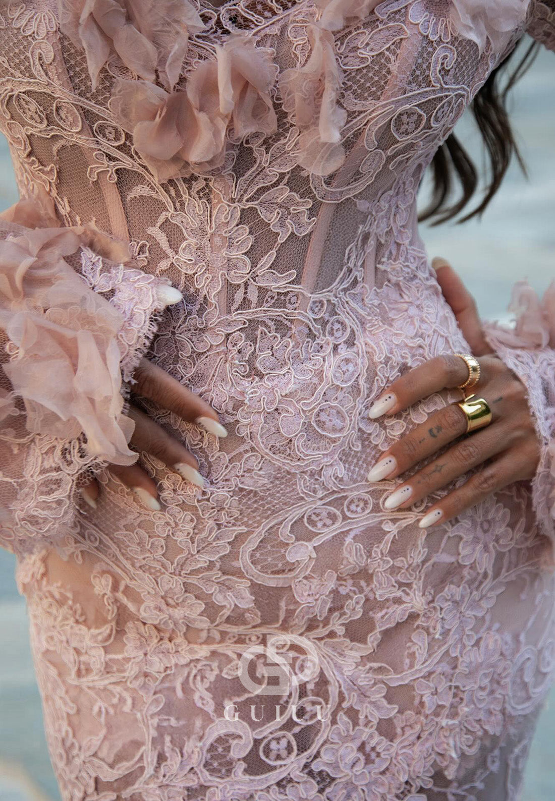 Blushing Pink Long Sleeves Sweetheart Corset Lace Prom Dress