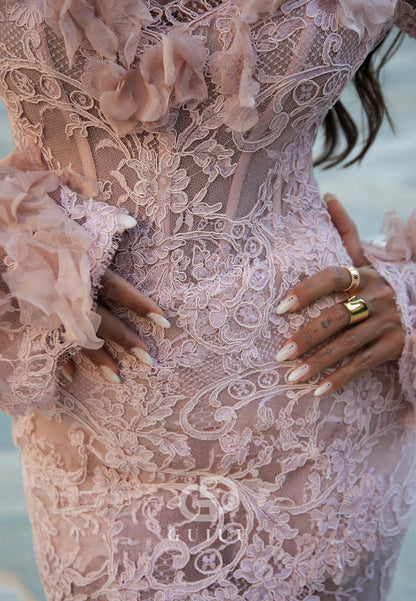 Blushing Pink Long Sleeves Sweetheart Corset Lace Prom Dress