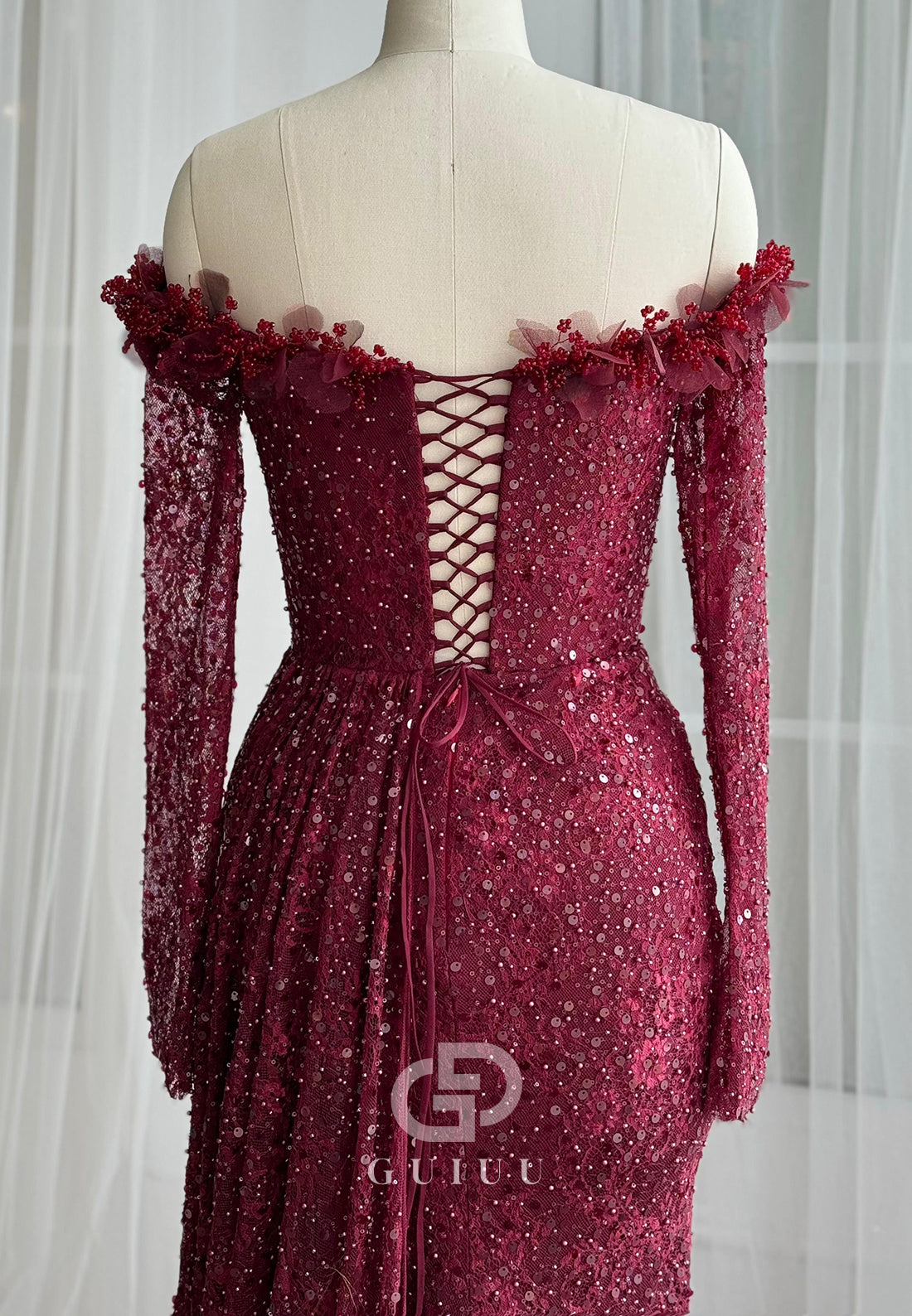 Mulberry Long Sleeves Off-Shoulder Slit Evening Dress