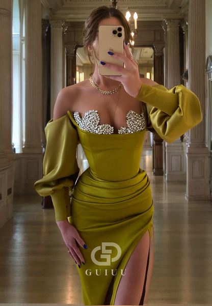 G3763 - Sexy & Hot Sheath Asymmetrical Off Shoulder Beaded and Draped Floor-Length Party Gown Prom Dress with High Side Slit and Long Bishop Sleeves