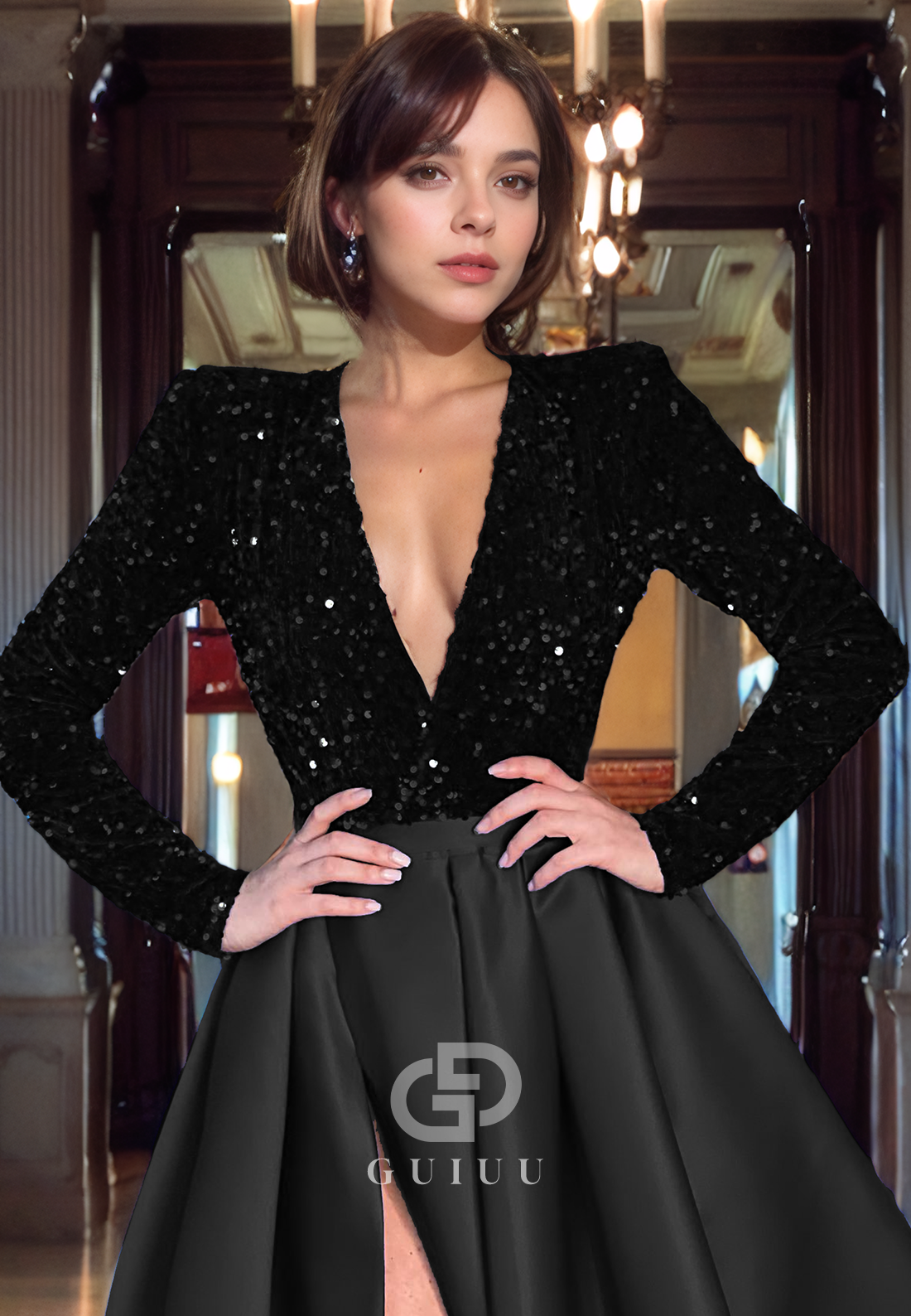 G2576 - Chic & Modern A-Line V-Neck Sequins Satin Formal Prom Evening Dress