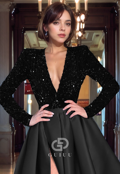 G2576 - Chic & Modern A-Line V-Neck Sequins Satin Formal Prom Evening Dress