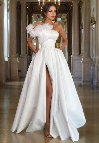 A-Line Strapless Sleeveless SaTIN Long Prom Dress with High Side Slit and Train