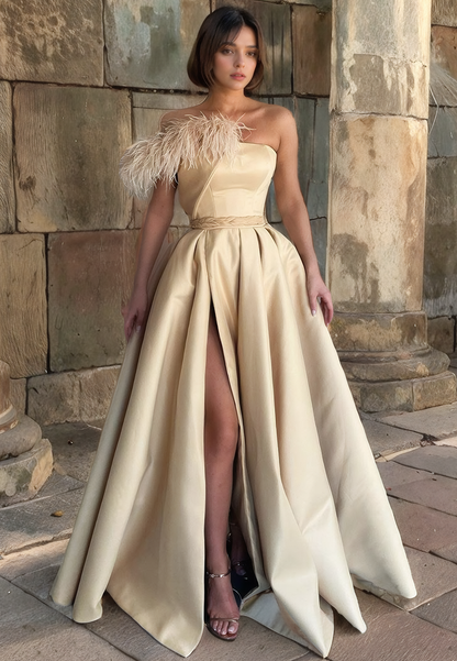 A-Line Strapless Sleeveless SaTIN Long Prom Dress with High Side Slit and Train