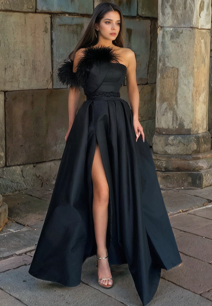 A-Line Strapless Sleeveless SaTIN Long Prom Dress with High Side Slit and Train