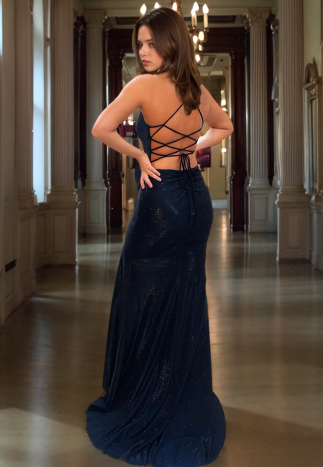 Sheath V Neck Straps Sleeveless Long Prom Dress with High Side Slit and Train