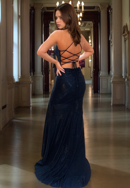 Sheath V Neck Straps Sleeveless Long Prom Dress with High Side Slit and Train