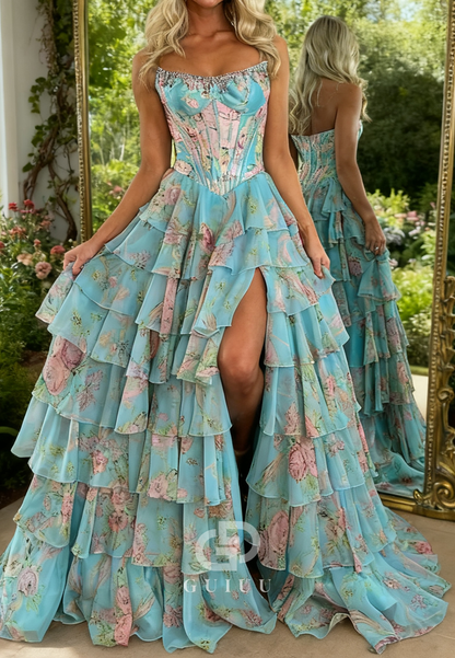 Charming A-Line Sleeveless Strapless Ruffles Slit Prom Dress