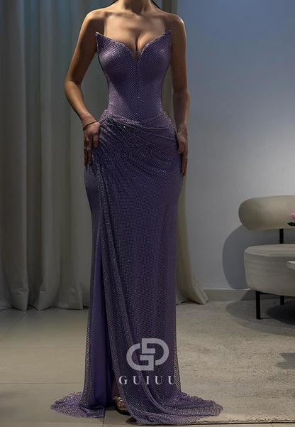Lilac V-Neck Sleeveless Slit Ruched Prom Dress