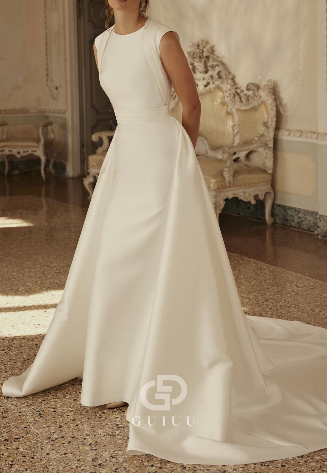 Simple A-Line Scoop Sleeveless Sweep Train Satin Wedding Dress
