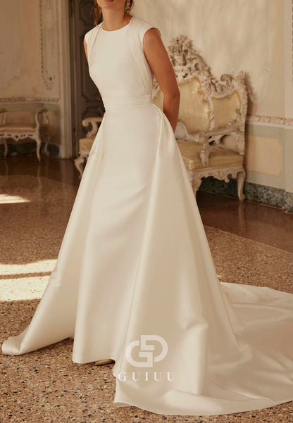 Simple A-Line Scoop Sleeveless Sweep Train Satin Wedding Dress