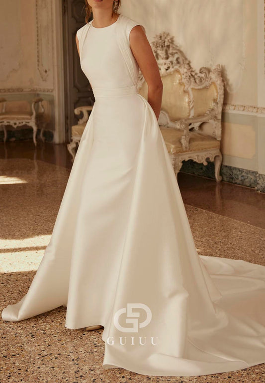 Simple A-Line Scoop Sleeveless Sweep Train Satin Wedding Dress