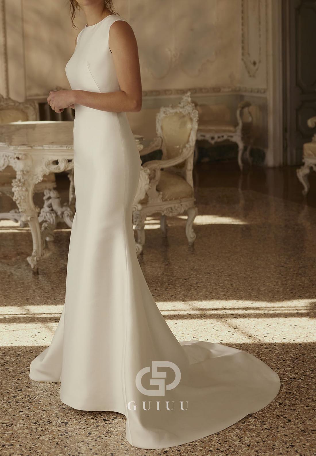 Simple A-Line Scoop Sleeveless Sweep Train Satin Wedding Dress