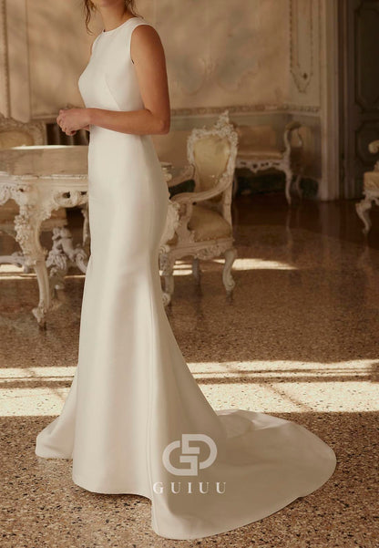Simple A-Line Scoop Sleeveless Sweep Train Satin Wedding Dress