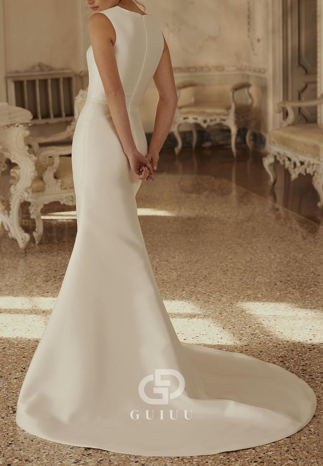 Simple A-Line Scoop Sleeveless Sweep Train Satin Wedding Dress