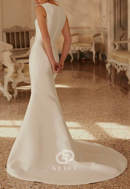 Simple A-Line Scoop Sleeveless Sweep Train Satin Wedding Dress