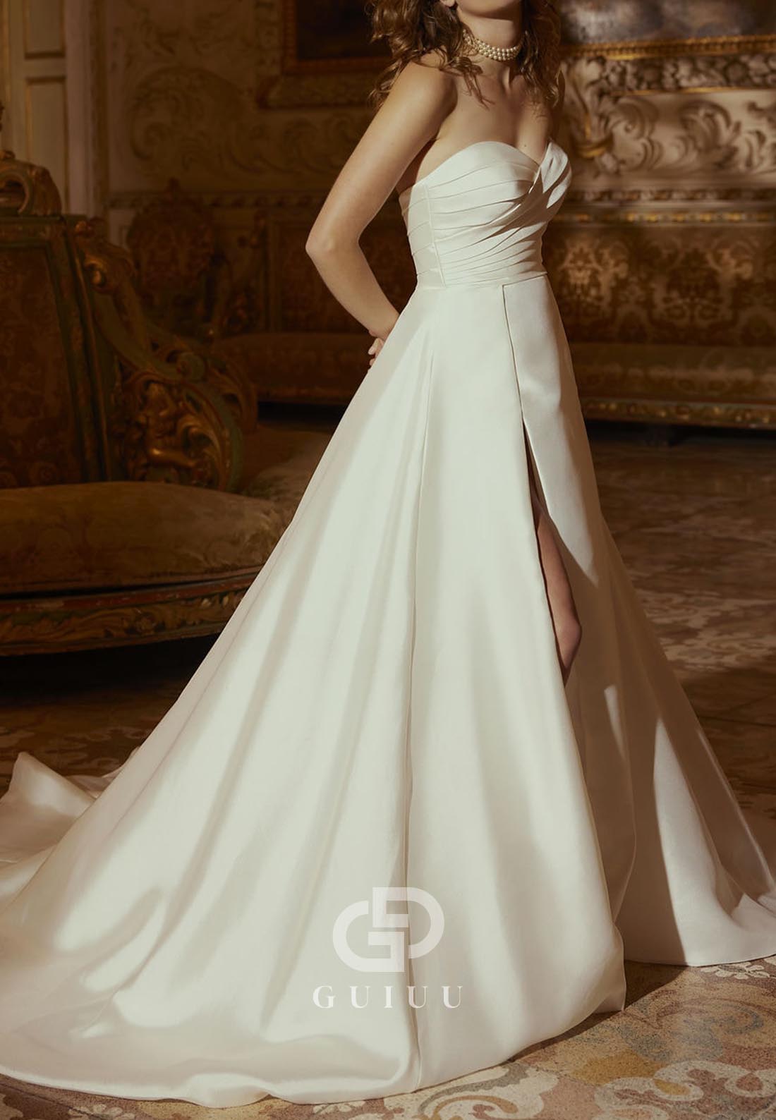 Elegant Short Sleeves Off-Shoulder Slit Satin Wedding Dress