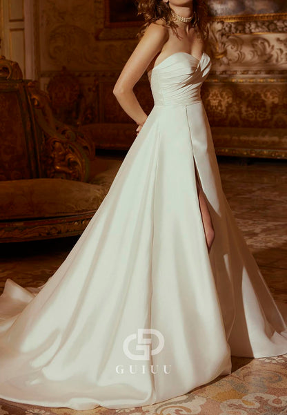 Elegant Short Sleeves Off-Shoulder Slit Satin Wedding Dress