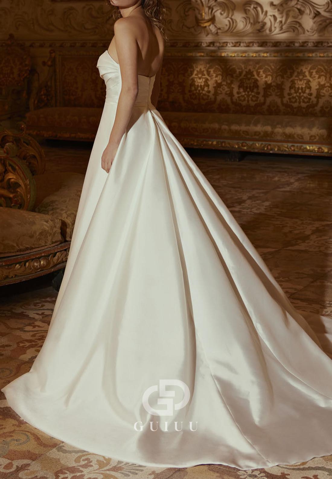 Elegant Short Sleeves Off-Shoulder Slit Satin Wedding Dress