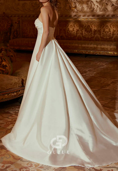 Elegant Short Sleeves Off-Shoulder Slit Satin Wedding Dress