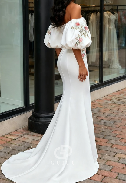 Elegant Short Sleeves Off-Shoulder Slit Appliques Wedding Dress