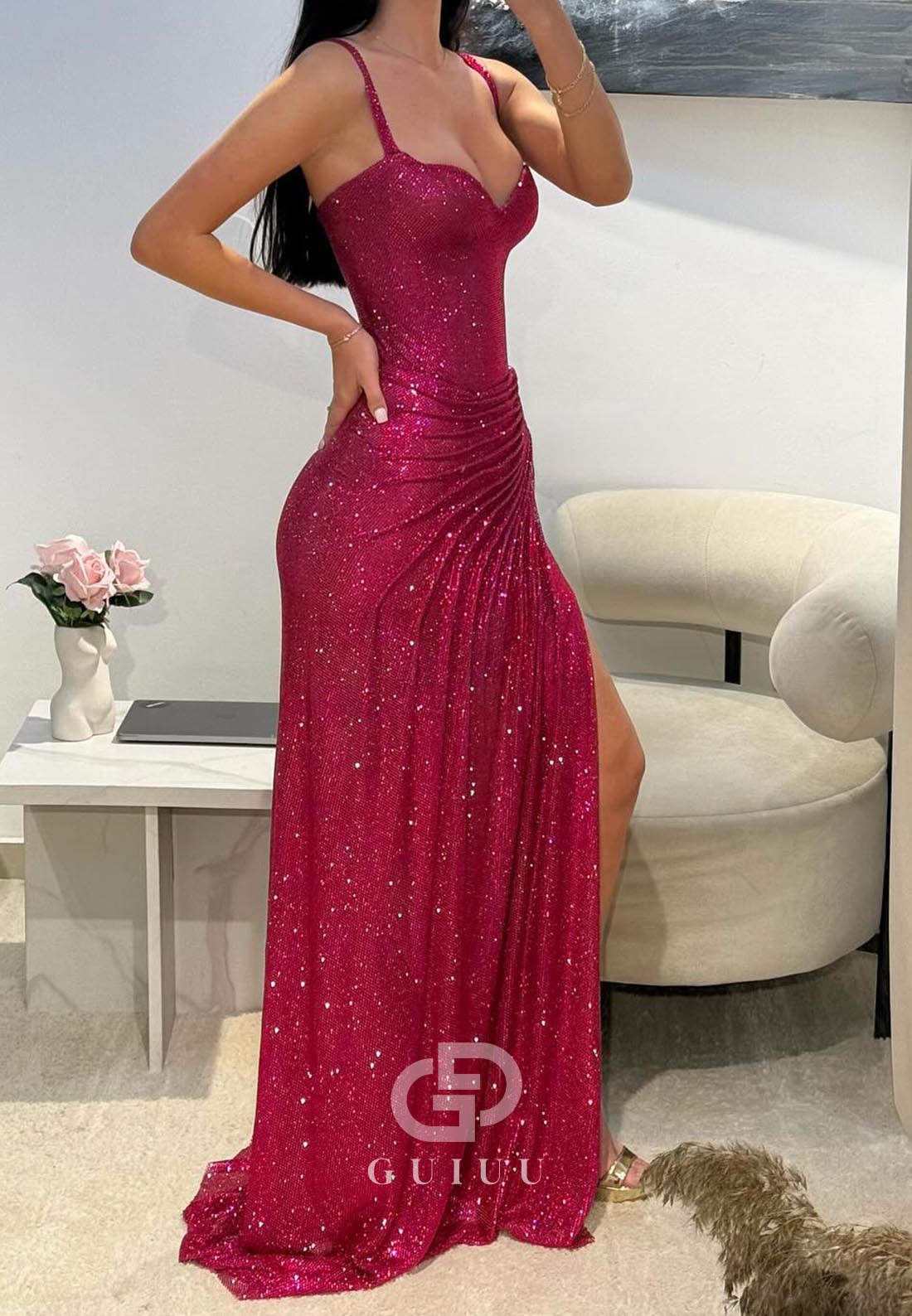 Fuchsia Spaghetti Straps Sweetheart Corset Prom  Dress