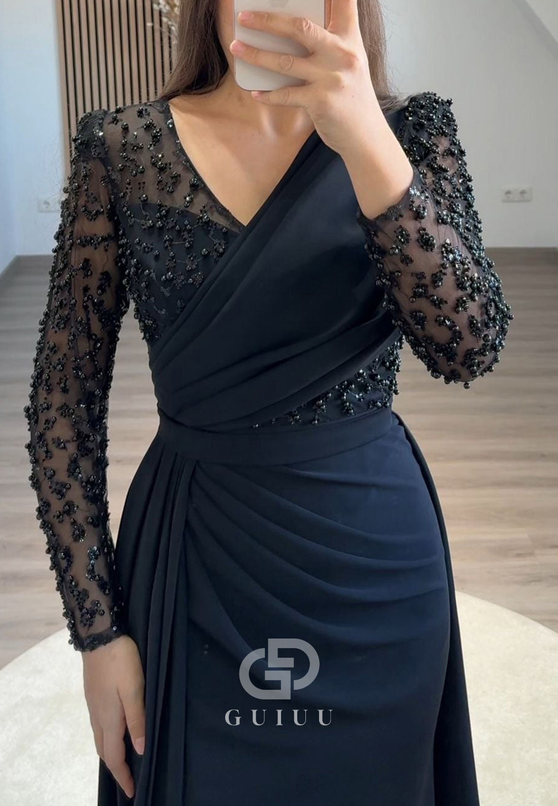 Long Sleeves V-Neck Prom Dress with Beads Sweep Train Evening Dress