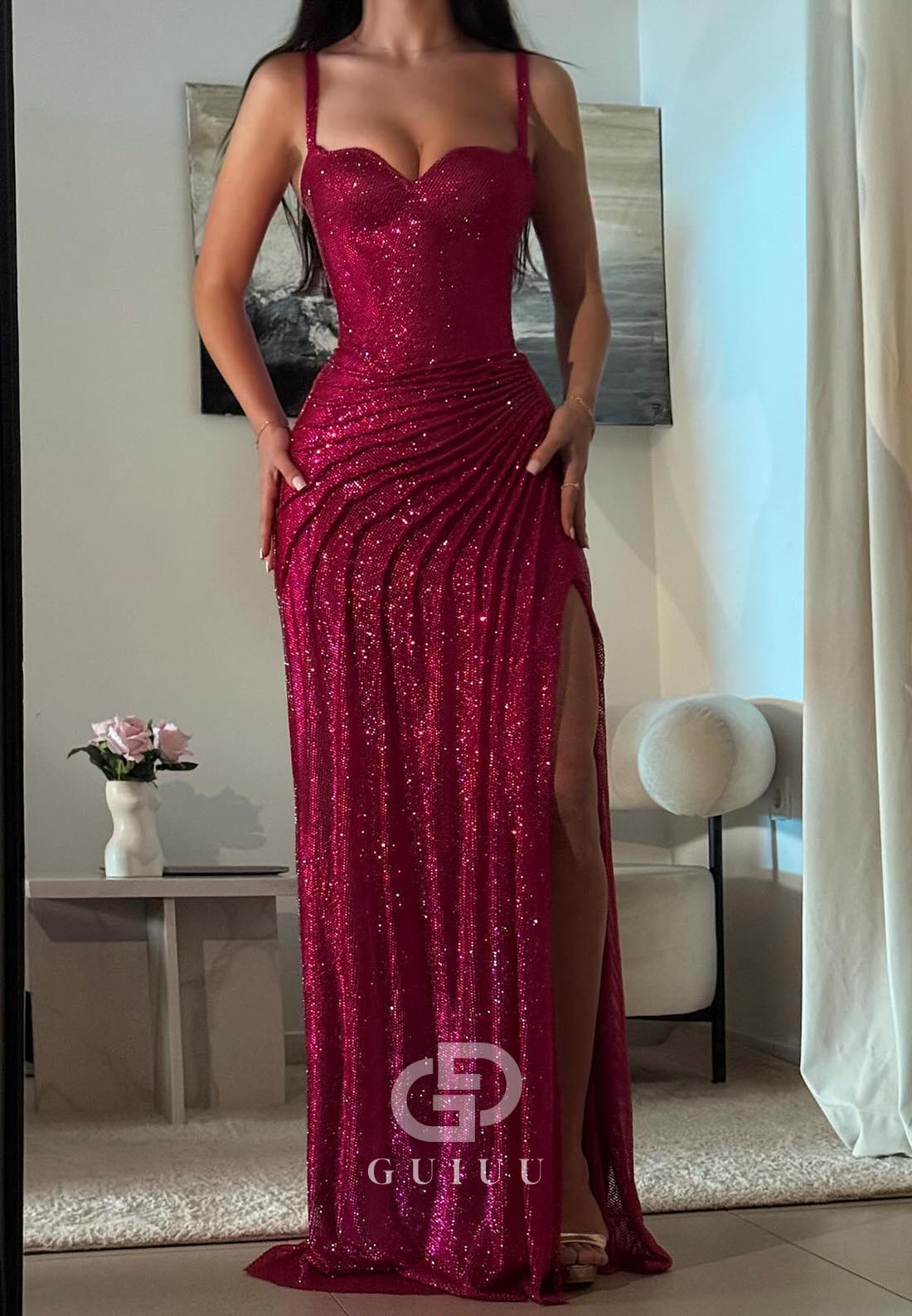 Fuchsia Spaghetti Straps Sweetheart Corset Prom  Dress