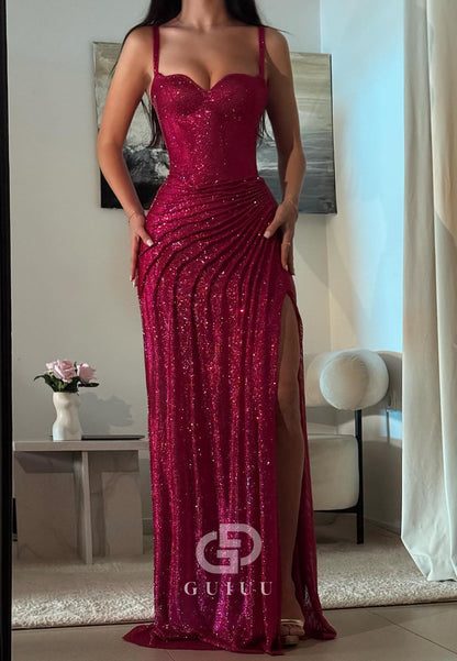 Fuchsia Spaghetti Straps Sweetheart Corset Prom  Dress